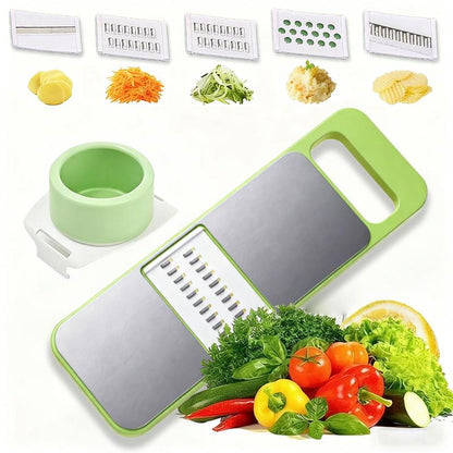 Multi-shaped slicer with adjustable stainless steel blades.