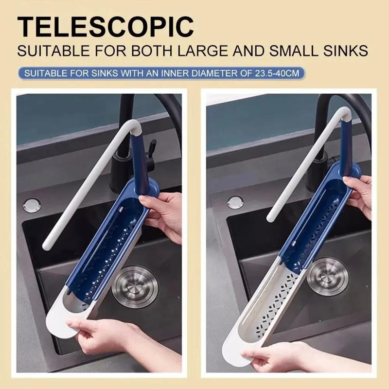 PP Thick Sink Organizer, Retractable Telescopic Adjustable Kitchen Storage Caddy with Cloth Hanging Rod & Hollow Drainage Side Boards