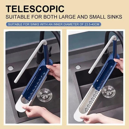 PP Thick Sink Organizer, Retractable Telescopic Adjustable Kitchen Storage Caddy with Cloth Hanging Rod & Hollow Drainage Side Boards