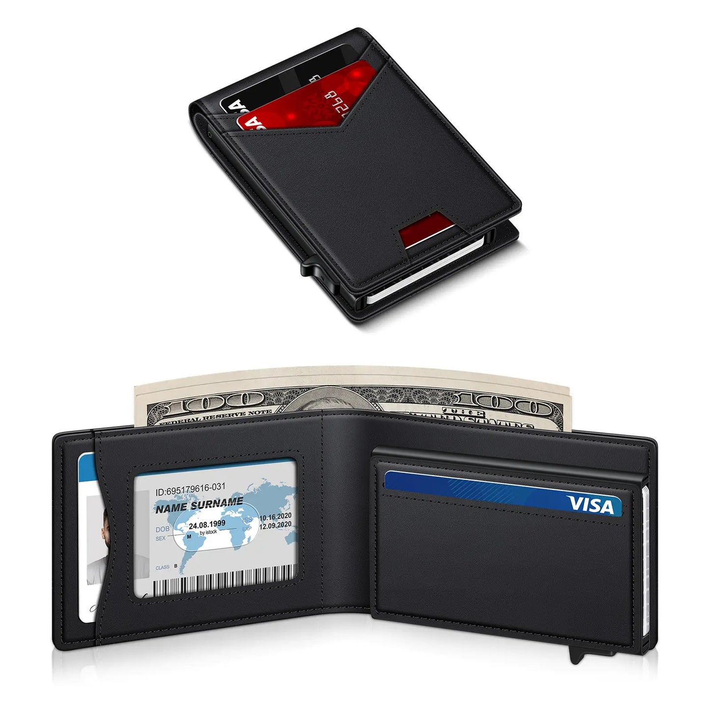 Men's RFID Minimalist Bifold Wallet - 1 ID Window, Pop‑Up Card Holder, Money Clip