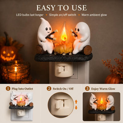 3D Flickering Campfire Plug-In Night Light, Halloween & Christmas Character LED Nightlight, Cute Indoor Holiday Decoration for Bedroom, Hallway and Gifts, Resin