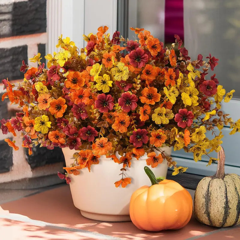 4Pcs Colorful Fall Fake Flowers - UV Resistant Artificial Outdoor Plants for Halloween Porch Decor