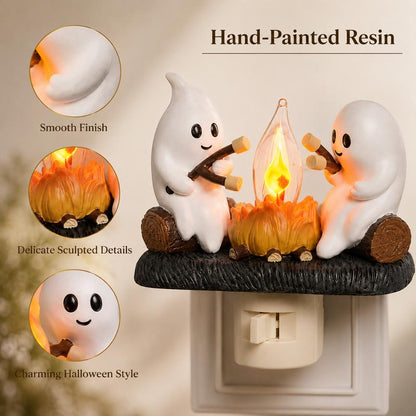 3D Flickering Campfire Plug-In Night Light, Halloween & Christmas Character LED Nightlight, Cute Indoor Holiday Decoration for Bedroom, Hallway and Gifts, Resin