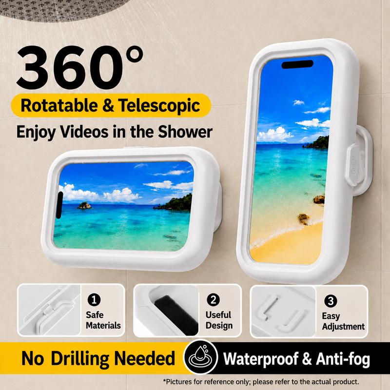 Waterproof Shower Phone Holder for Bathrooms, 360° Smooth Rotation, Anti-Fog Case, Responsive Full HD Touchscreen