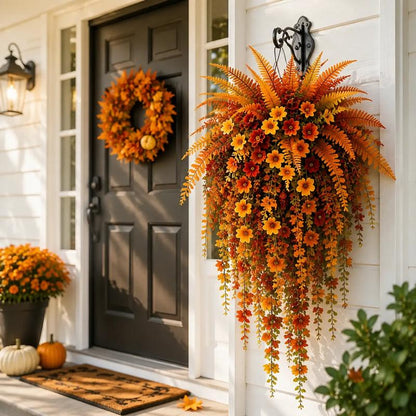 UV-resistant artificial Boston fern plant, realistic large outdoor hanging autumn faux plant, lifelike autumn fern for fall porch decor