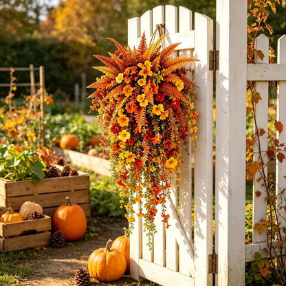 UV-resistant artificial Boston fern plant, realistic large outdoor hanging autumn faux plant, lifelike autumn fern for fall porch decor