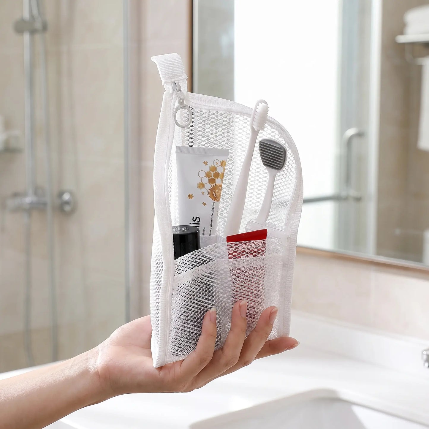 Mesh Zipper Toiletry Storage Pouch – Multi-Pocket Travel Cosmetic Organizer Bag