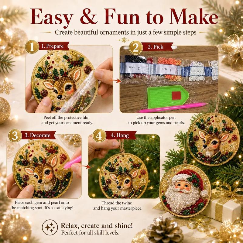 Christmas DIY Diamond Painting Ornaments Kit, Xmas Tree Hanging Pendant, Handmade Craft Decoration Gift for Holiday Home Party
