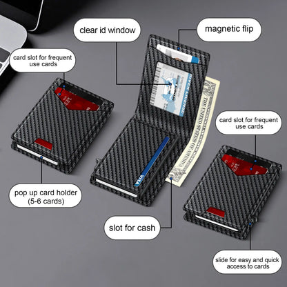 Men's RFID Minimalist Bifold Wallet - 1 ID Window, Pop‑Up Card Holder, Money Clip