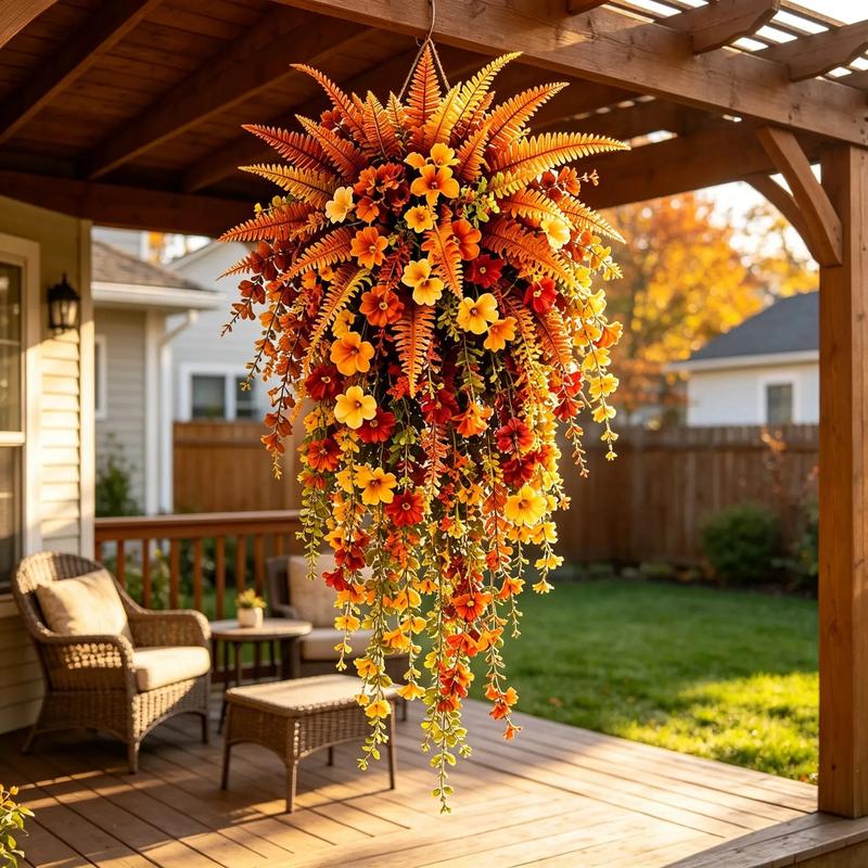 UV-resistant artificial Boston fern plant, realistic large outdoor hanging autumn faux plant, lifelike autumn fern for fall porch decor