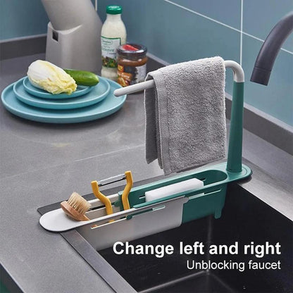 PP Thick Sink Organizer, Retractable Telescopic Adjustable Kitchen Storage Caddy with Cloth Hanging Rod & Hollow Drainage Side Boards